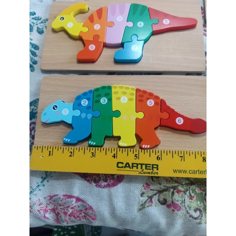 Set of 5 Wood Dinosaur Toddler Number Puzzles 3-5 Montessori Lead-Free Non-Toxic